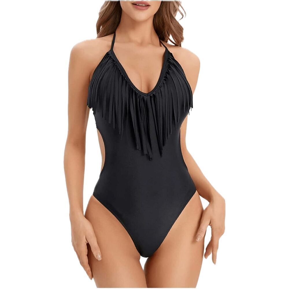 NWOT Small Women's Fringe Trim Cut Out One Piece Swimsuit Tie Back Halter Bathin